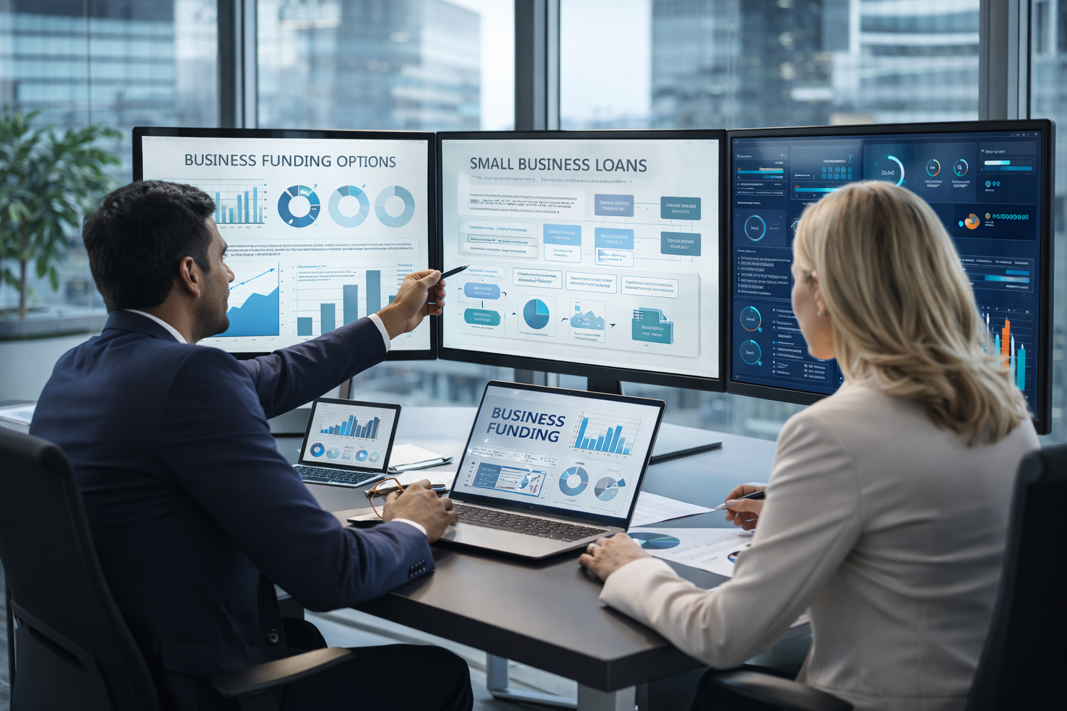 Business funding advisor analyzing loan and financing options in a modern office