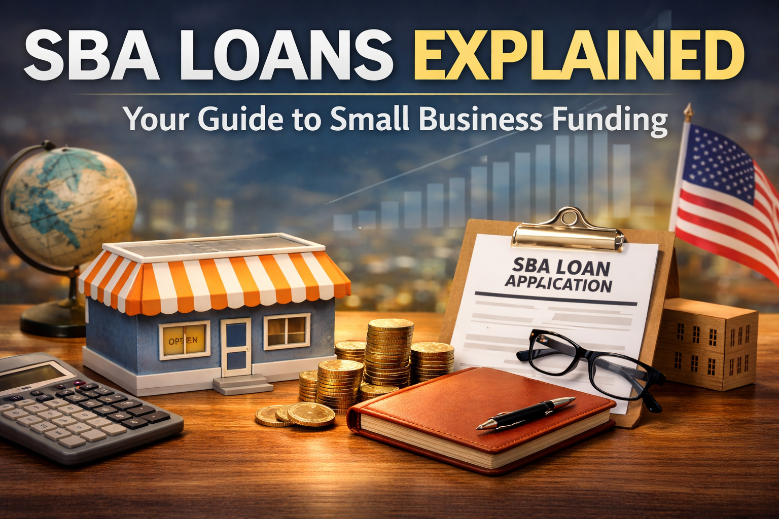 SBA loans guide for small businesses with application form, calculator, and storefront